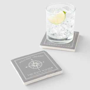 Welcome Boat Message Nautical Compass Grey Stone Coaster