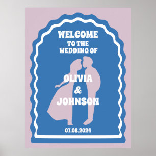 Welcome Bold Blue Purple Retro Wavy Arch Wedding Poster