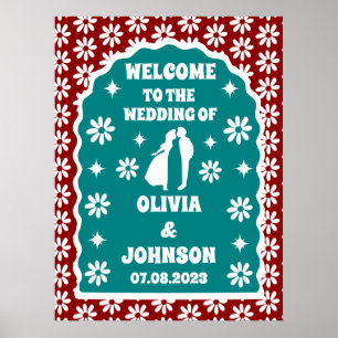 Welcome Bold Dark Red Retro Boho Daisy Poster