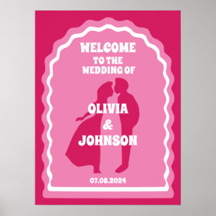 Welcome Bold Pink Magenta Retro Wavy Arch Wedding Poster