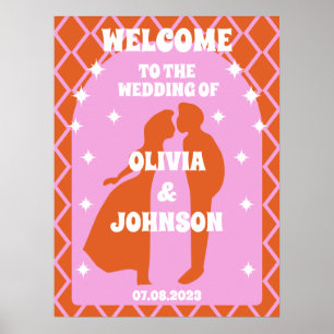 Welcome Bold Pink Orange Retro Boho Arch Wedding Poster