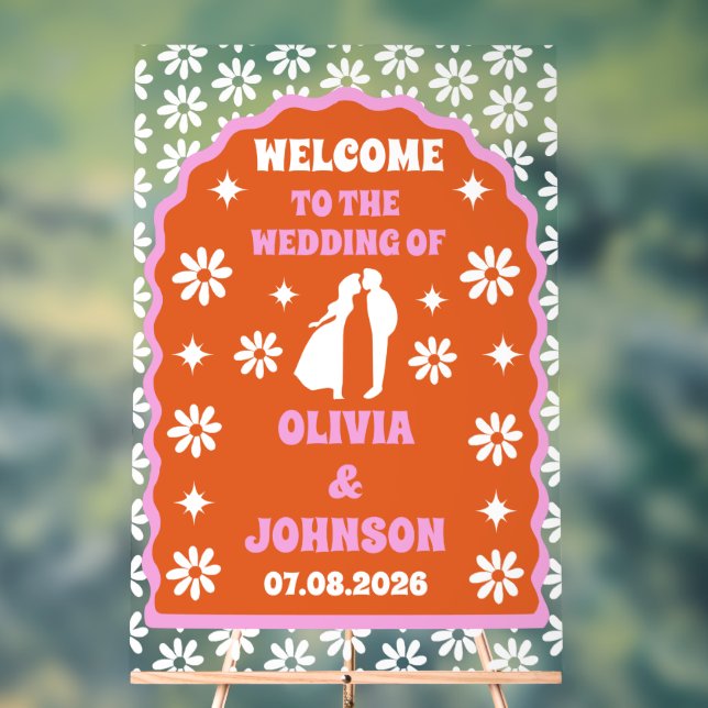 Welcome Bold Pink Orange Retro Boho Daisy Wedding Acrylic Sign (Neutral)