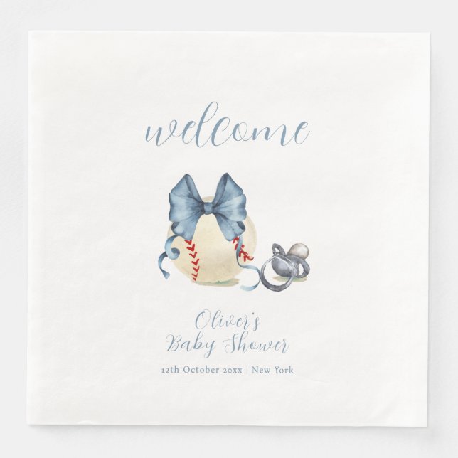 Welcome Bow Pacifier Baseball Sport Baby Shower  Napkin (Front)