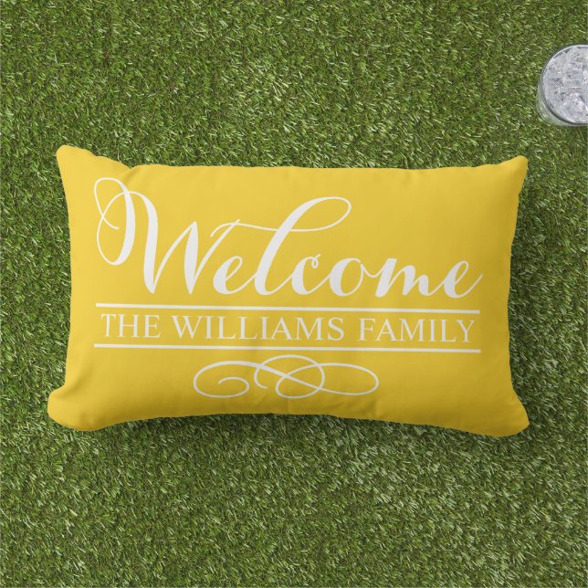 Welcome Bright Yellow Custom Last Name Lumbar Pillow (Grass)