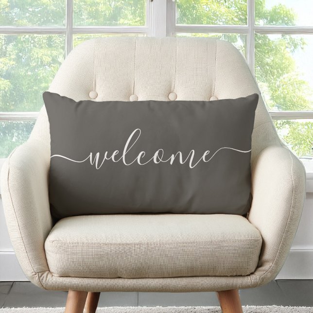Welcome Bronze Brown Calligraphy  Lumbar Pillow (Welcome Bronze Brown Quote Calligraphy Typography Lumbar Pillow)