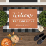 Welcome Burnt Orange Personalized Family Name Doormat<br><div class="desc">Elegant and timeless custom doormat features "Welcome" in calligraphy script writing with your family's last name and your home's street address personalized in white with simple stripe accents. Note,  the burnt orange / terracotta background and white text colours can be modified to coordinate with your porch or entry decor.</div>