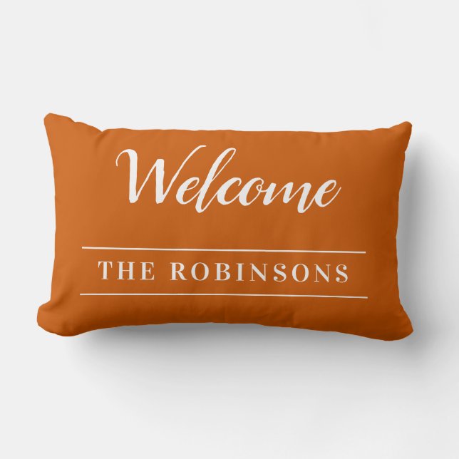 Welcome Burnt Orange Personalized Family Name Lumbar Pillow (Front)