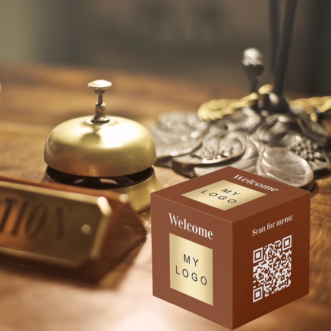 Welcome business logo QR code brown menu table Cube (Creator Uploaded)