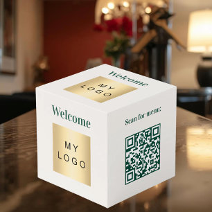 Welcome business logo QR code ivory menu table Cube