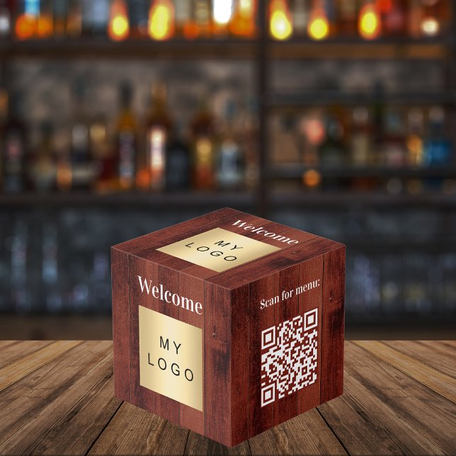Welcome business logo QR code wood menu table Cube (Creator Uploaded)
