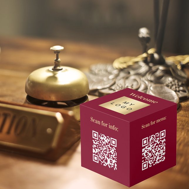 Welcome business logo QR codes burgundy info table Cube (Creator Uploaded)