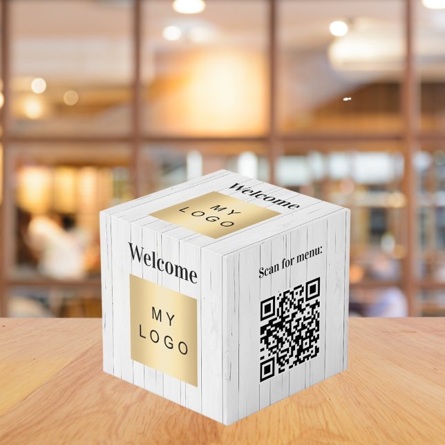 Welcome business logo QR codes wood info table Cube (Creator Uploaded)