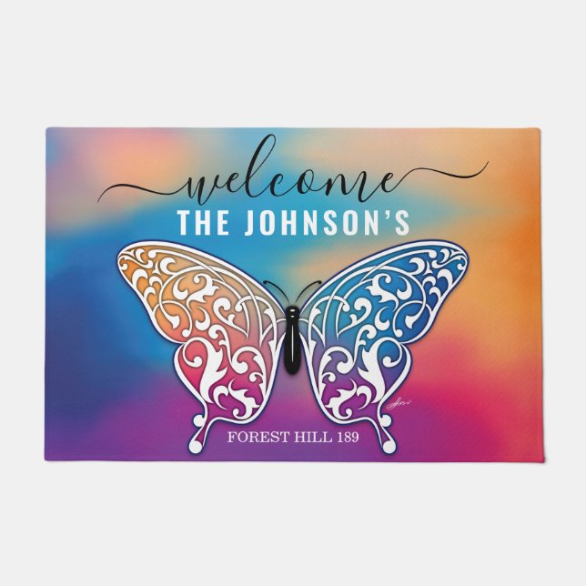Welcome Butterfly Personalized Family Name Doormat (Front)
