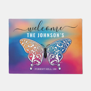 Welcome Butterfly Personalized Family Name Doormat