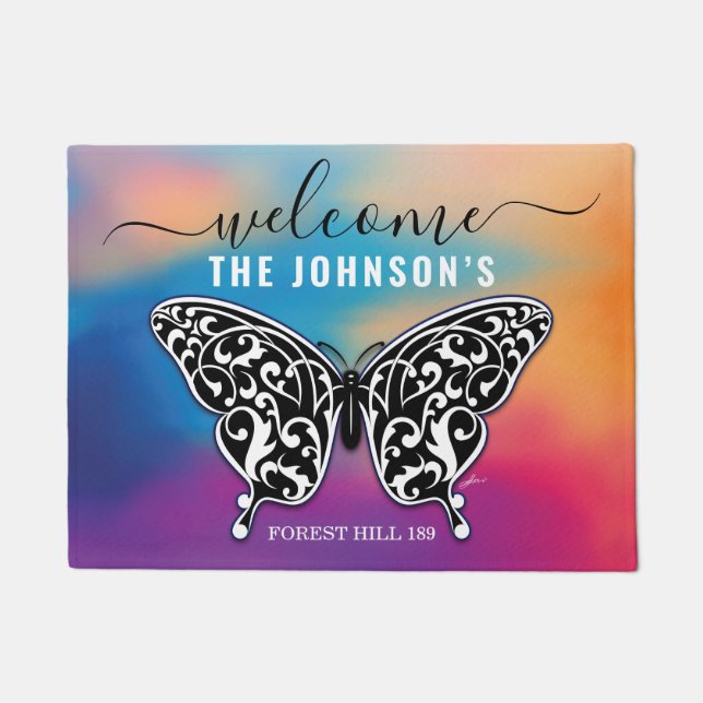 Welcome Butterfly Personalized Family Name Doormat (Front)