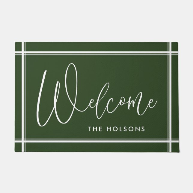 Welcome Calligraphy Script Last Name Forest Green Doormat (Front)
