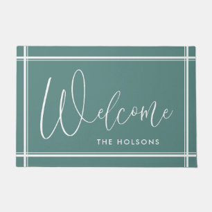 Welcome Calligraphy Script Last Name Turquoise Doormat