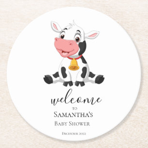 Welcome Cartoon Cow Calf Baby Shower Round Paper Coaster