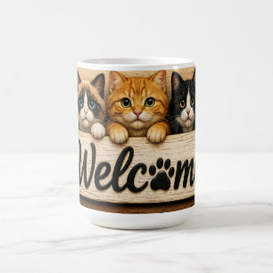 Welcome Cats Cute Trio of Kittens Rustic Farmhouse Coffee Mug