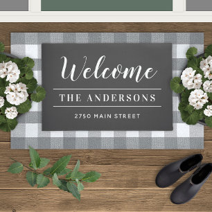 Welcome Charcoal Grey Family Name Address Doormat
