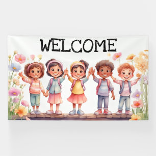 Welcome; Children with Flowers Banner