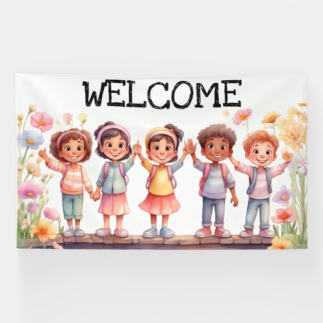 Welcome; Children with Flowers Banner (Horizontal)