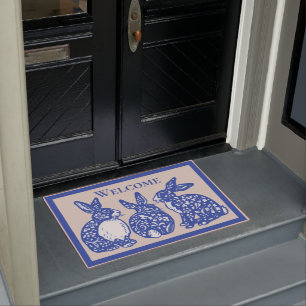 Welcome Chinoiserie Rabbit Blue White Bunny Delft Doormat