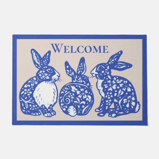 Welcome Chinoiserie Rabbit Blue White Bunny Delft Doormat (Front)