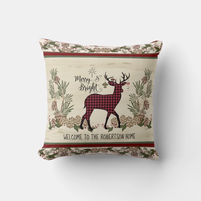 Welcome Christmas Deer Antlers Merry Bright w Name Throw Pillow (Front)