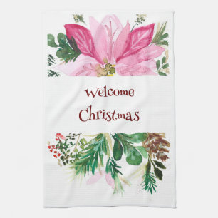 Welcome Christmas Towel, Pink/Green Poinsettia Kitchen Towel