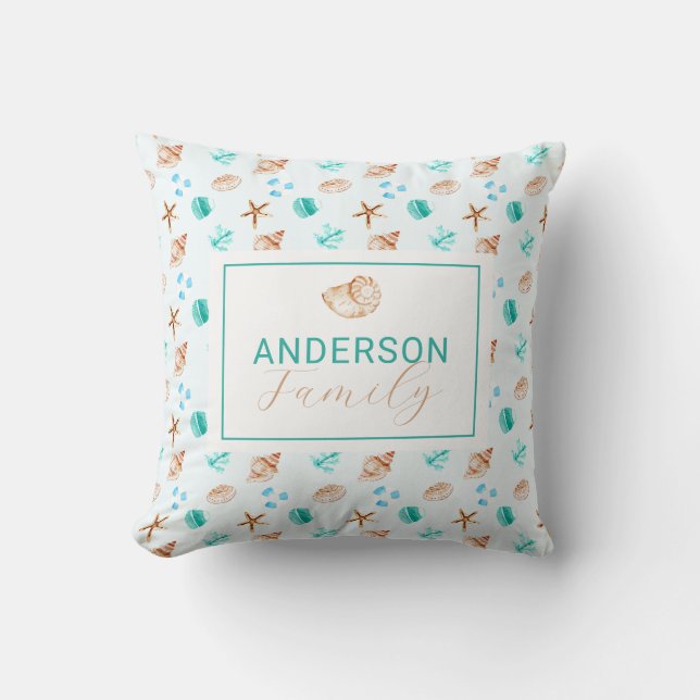 Welcome Coastal Seashells Beach House Family Name Throw Pillow (Front)