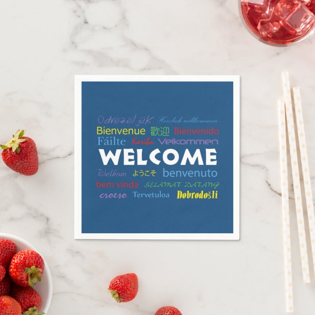 Welcome Colourful Many Languages Blue Background Napkin (Insitu)