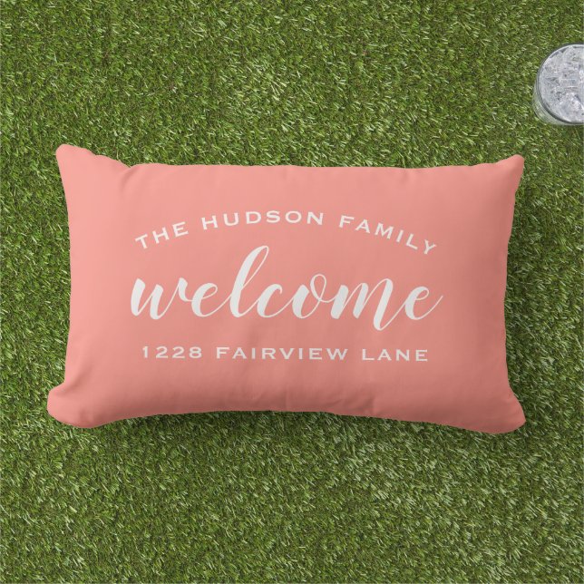 Welcome Coral Personalized Family Name Address Lumbar Pillow (Grass)