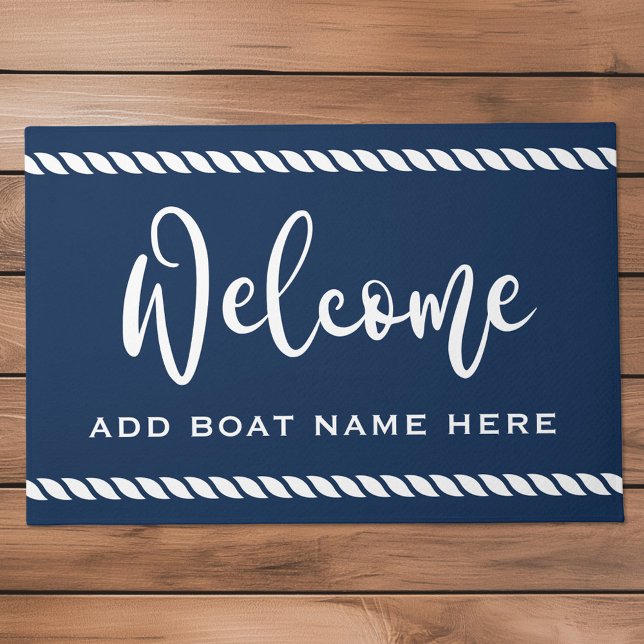 Welcome custom boat name rope border dark blue doormat (Welcome custom boat name rope border dark blue doormat)