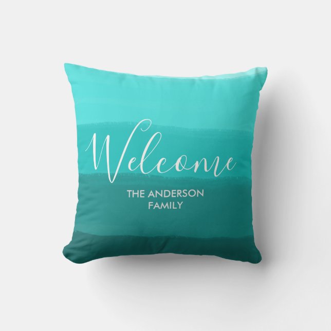 "Welcome" Custom Family Name Sky Blue Stripes Throw Pillow (Front)