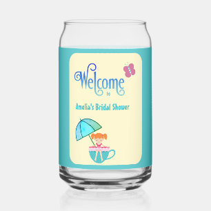 Welcome Custom Name Bridal Shower Teacup Butterfly Can Glass