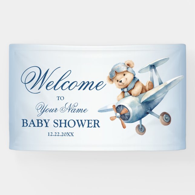 Welcome Cute Baby Bear Pilot Blue Airplane Banner (Horizontal)
