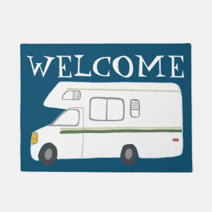 WELCOME Cute Camper Vintage Motorhome Art on blue Doormat
