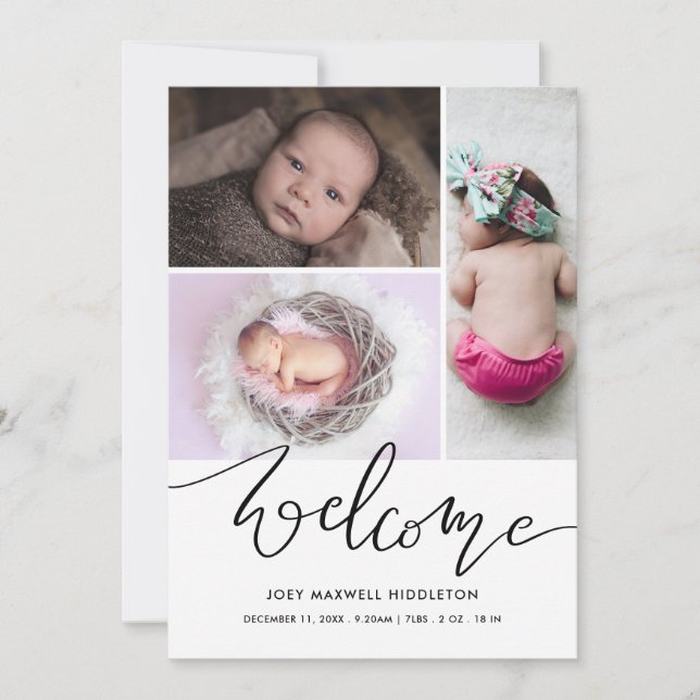 Welcome Cute Casual Script Birth Announcement (Front)