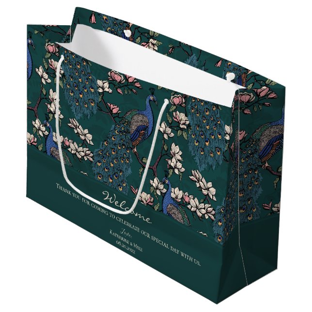 Welcome Dark Teal Floral Peacocks Large Gift Bag (Front Angled)