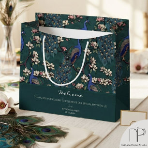 Welcome Dark Teal Floral Peacocks Large Gift Bag