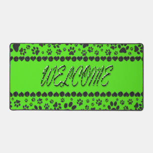 Welcome Dog Paws Black & White Polka Dot on Green  Desk Mat