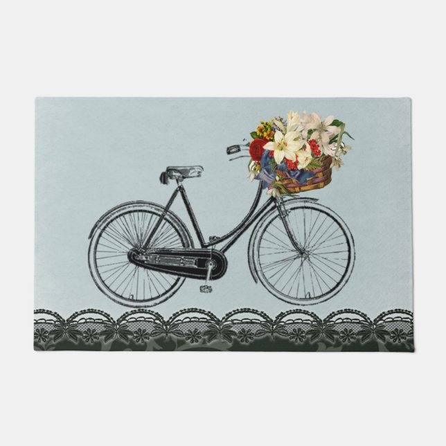 welcome door mint green flower bike bicycle doormat (Front)