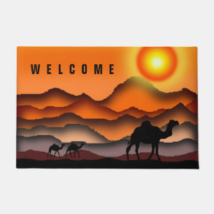 Welcome Doormat with Camels In Sunset Desert