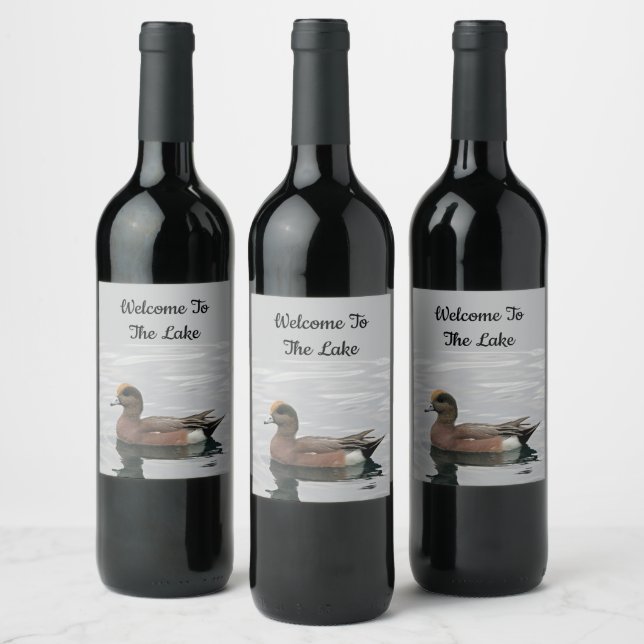 Welcome Duck Photo Wigeon Calm Water Lake House Wine Label (Bottles)