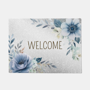 Welcome Dusty Blue Watercolor Flowers Silver Doormat