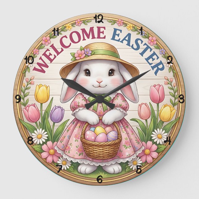 Welcome Easter Garden Floral Bunny Large Clock (Front)