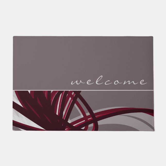 Welcome | Elegant Grey & Burgundy Ribbons Doormat (Front)