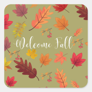 Welcome Fall Beautiful Orange, Red Autumn Leaves  Square Sticker