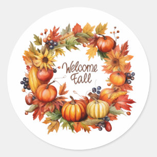 Welcome Fall Colourful Autumn Pumpkin Wreath  Classic Round Sticker